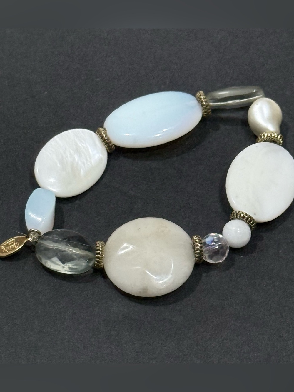 Cookie Lee Genuine Shell Crystal Beaded Stretch Bracelet Ivory Blue Gold Accents